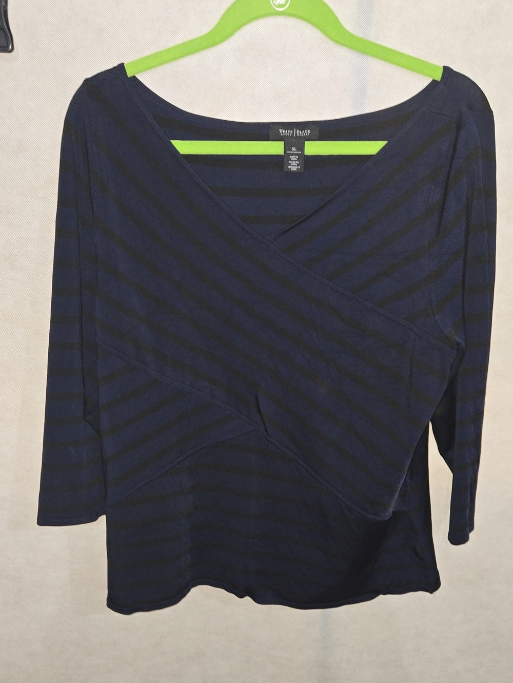 White House Black Market Navy and Black Striped Wrap-Front Long Sleeve Top